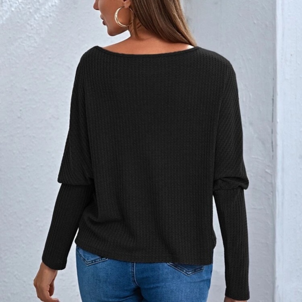 Drop Sleeve Waffle Knit Top Sweater Black - Picture 3 of 9